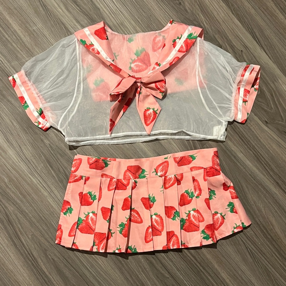 Strawberry Print Sheer Top and Skirt Set